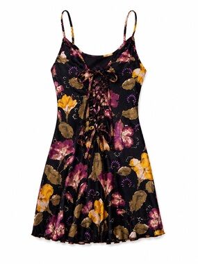 Intimately Free People Black Floral Lace-Up Slip Mini Dress XS